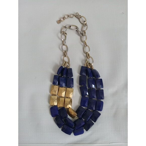 Stella & Dot Navy Blue and Gold Toned Beaded Bahari Layered Statement Necklace - Picture 6 of 9